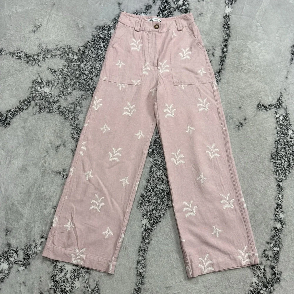 Zara Embroidered Wide Leg Pants Womens‎ Size XS Pink Linen Blend Boho Resort
